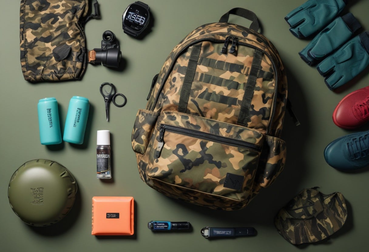 an image showing gym bag essentials for men such as shaving kits, gloves, smart watch, supporter