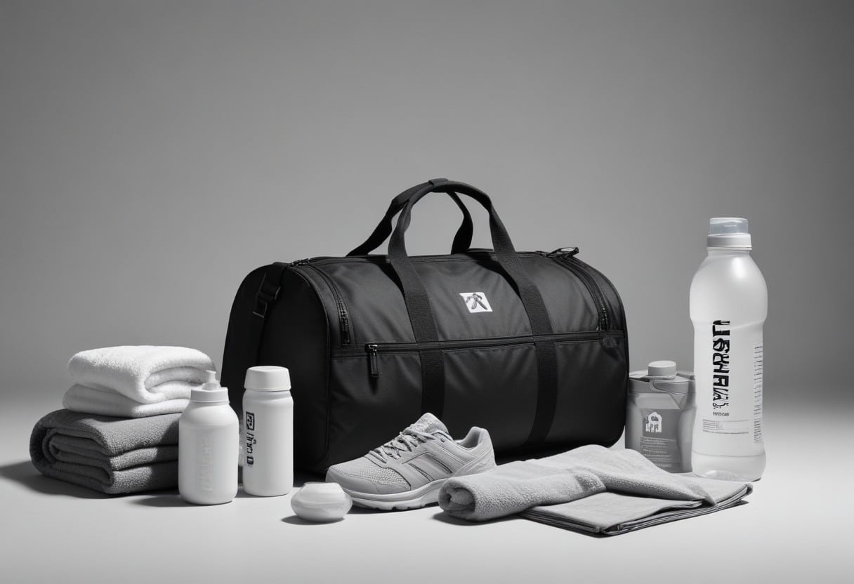 an image showing gym bag essentials such as water bottle, towel, workout clothes, gym shoes, deodorant, body wipes, protein snacks