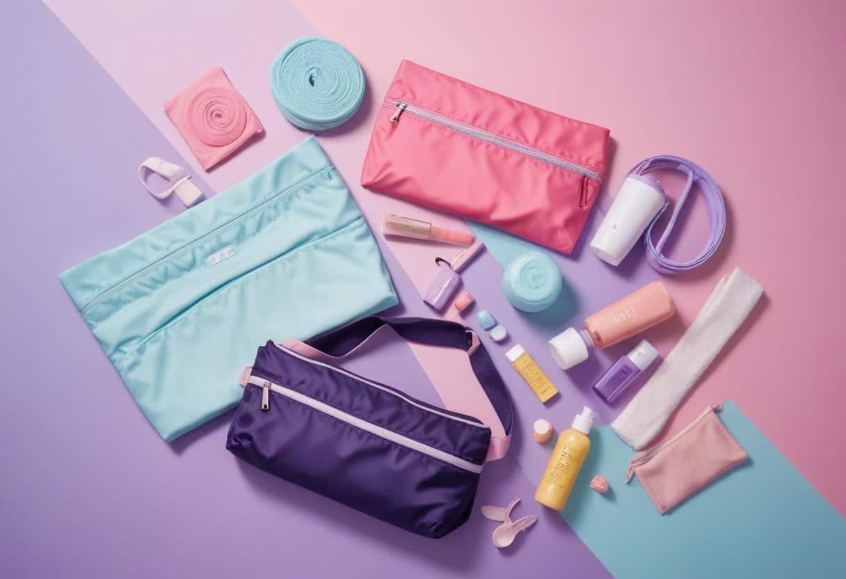 an image showing gym bag essentials for women such as headbands,  skincare products, make up, sports bra