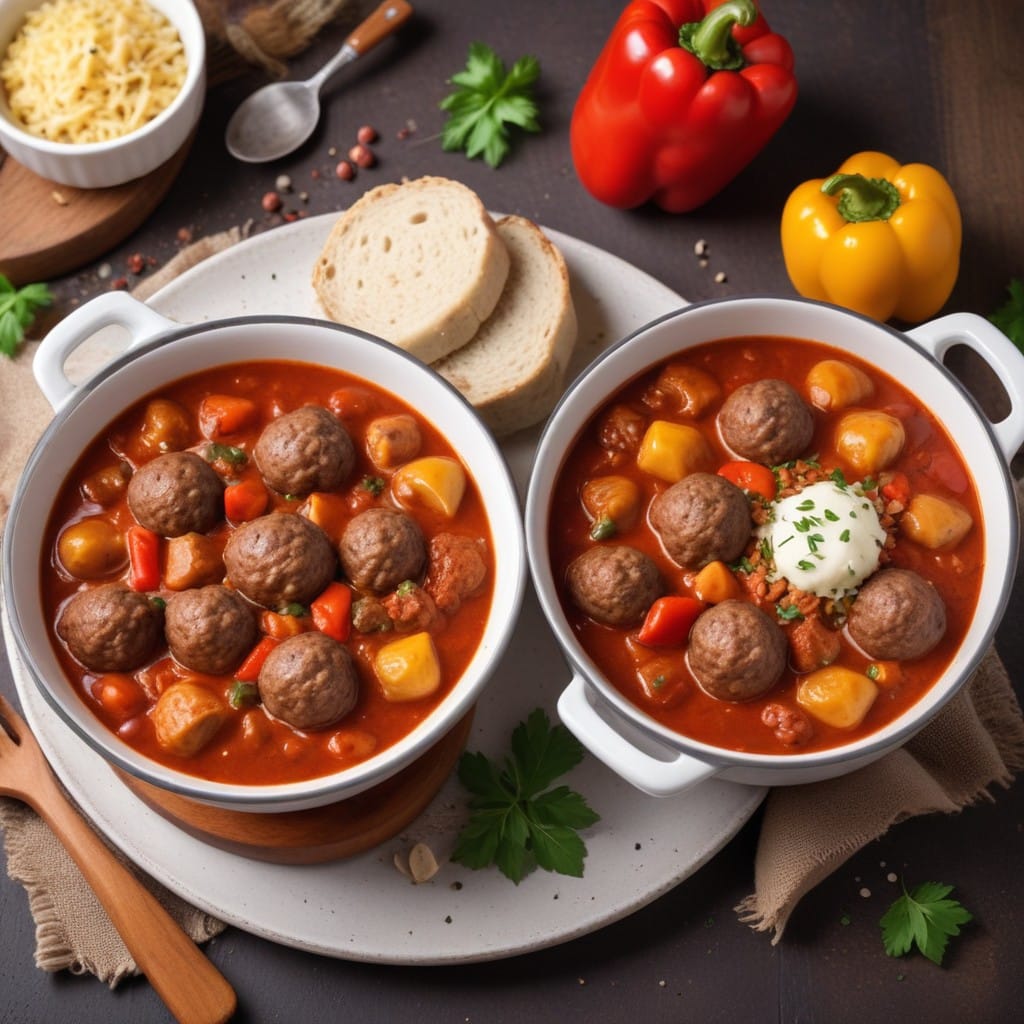 image with high protein beef recipes for meatball soup, goulash and stuffed pepper