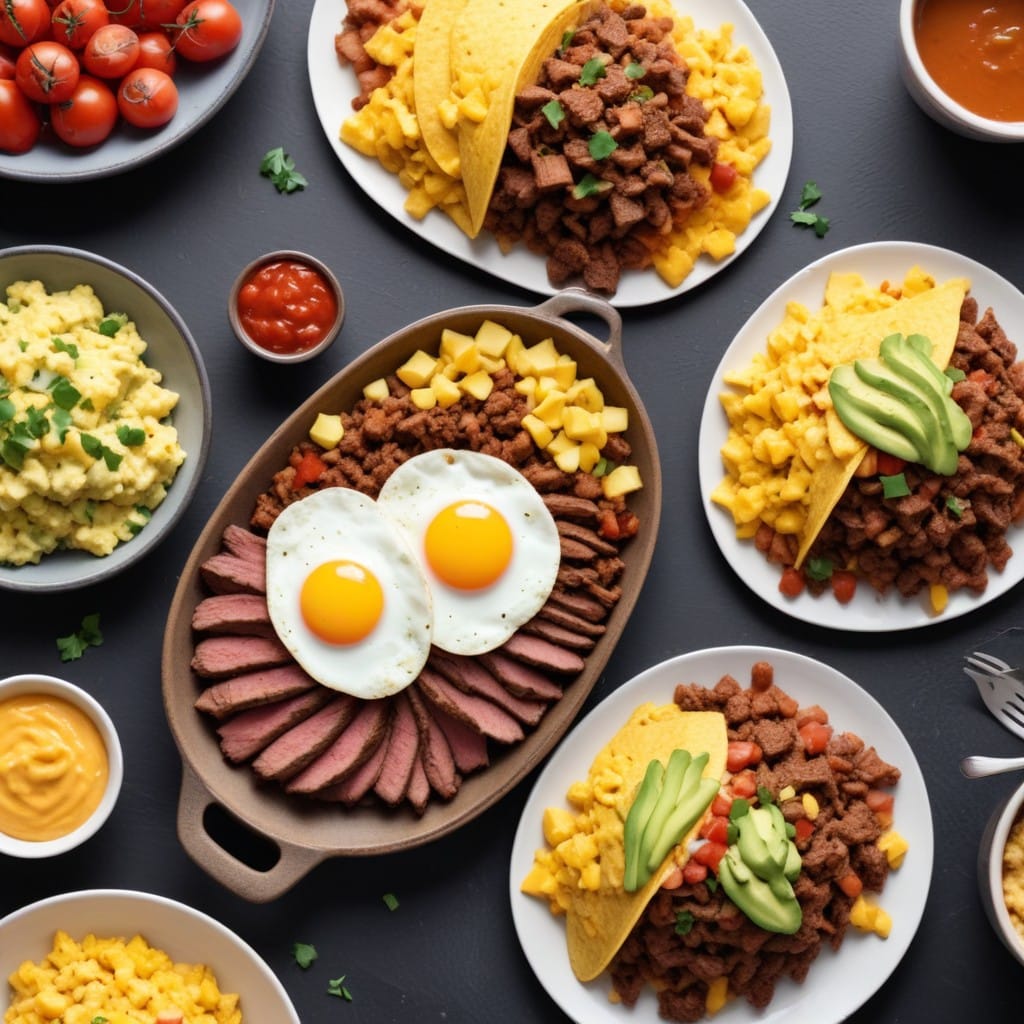 image with high protein beef recipes for beef skillet with scrambled eggs, mexican taco and potato hash